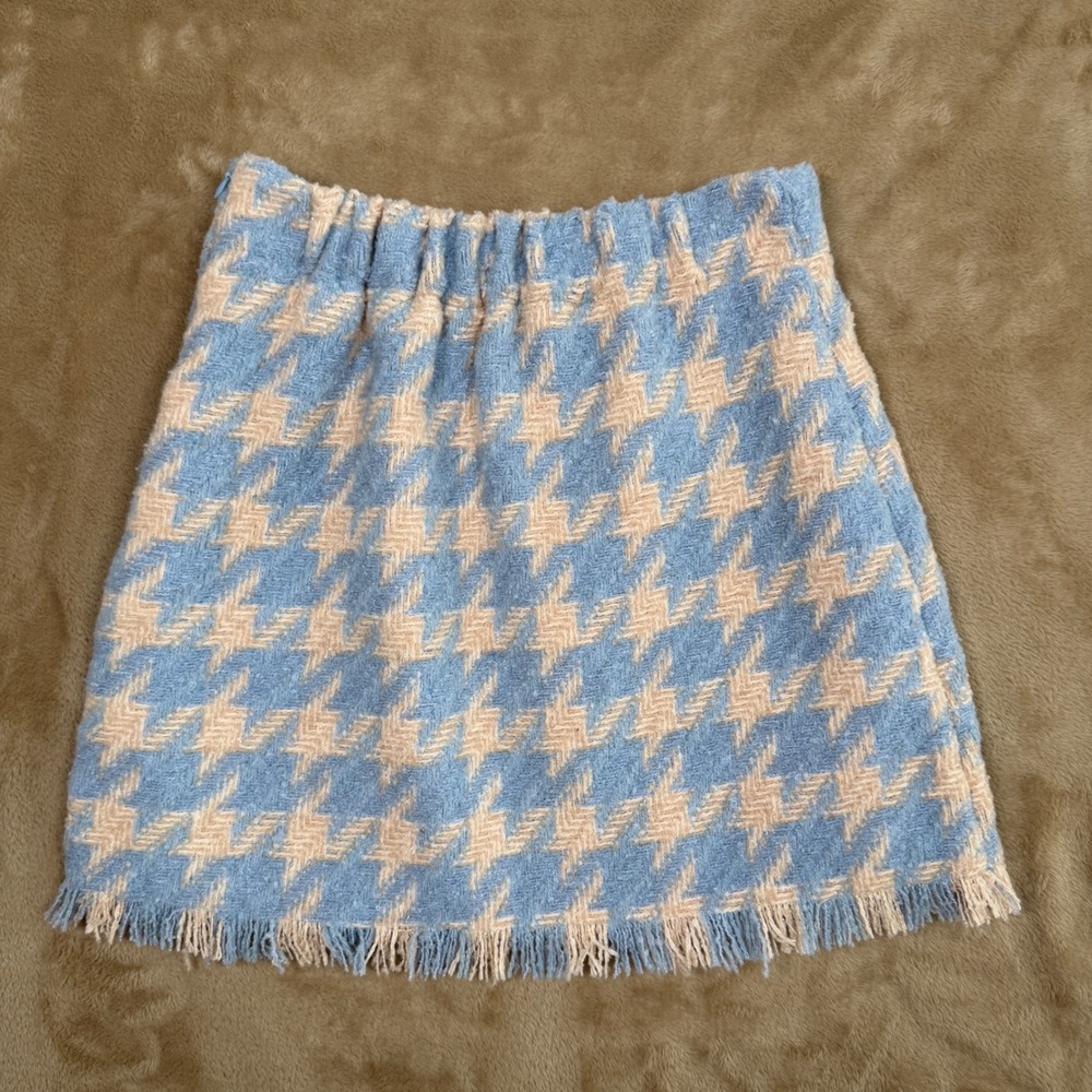Storets Blue Houndstooth Tweed Mini Skirt Wool Blend Fringe Hem Size M